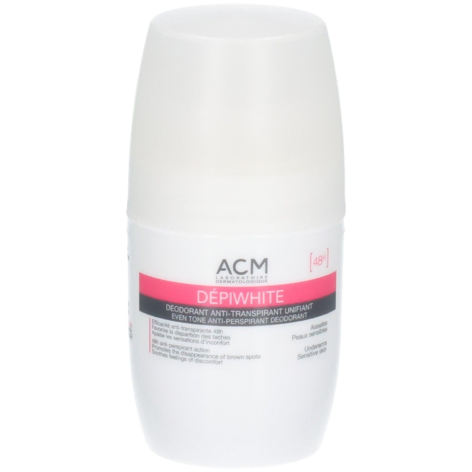 Déodorant ACM Dépiwhite : Roll-on blanc avec accents roses et gris. Anti-transpirant 48h.