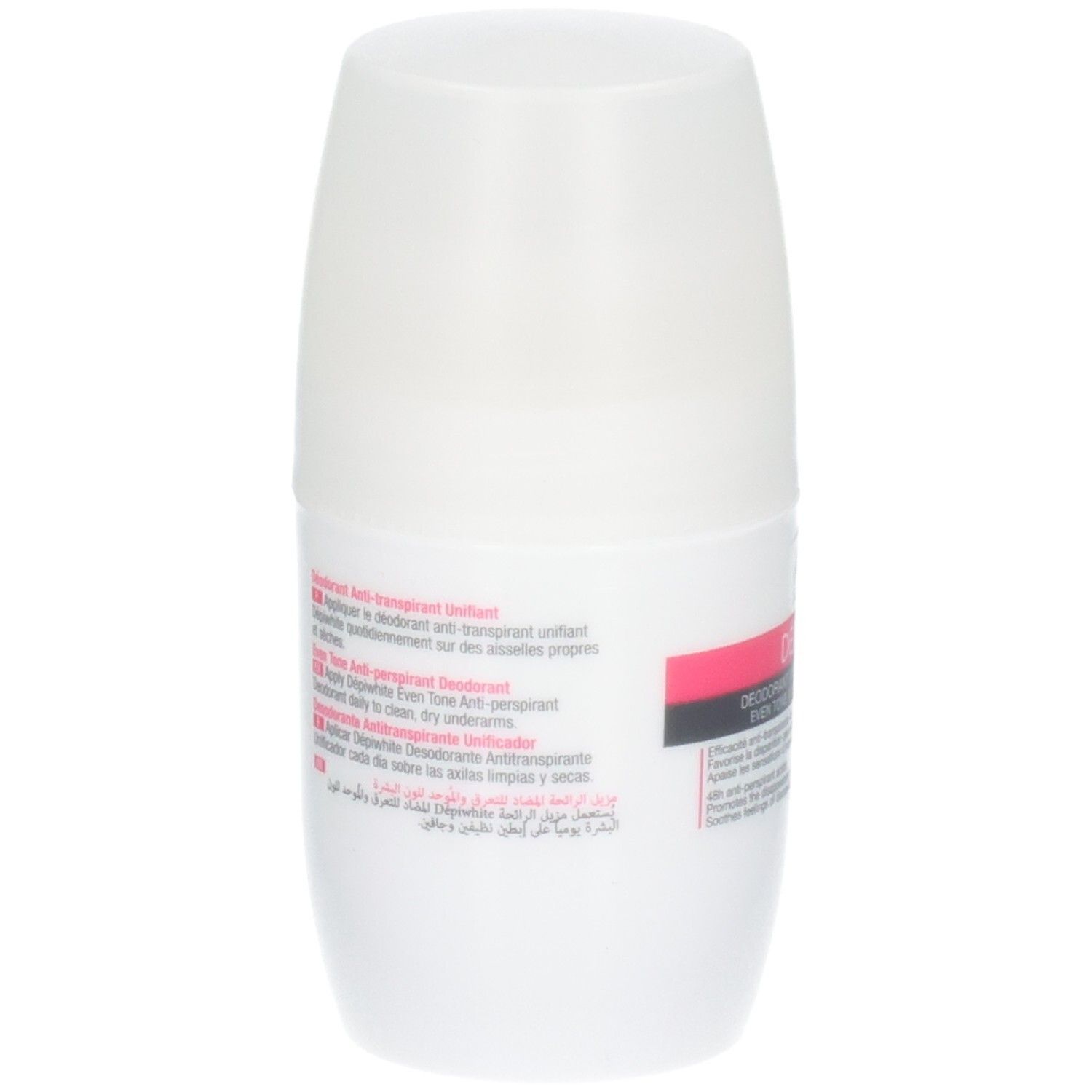 Déodorant ACM Dépiwhite : Arrière du roll-on blanc avec informations produit multilingues.