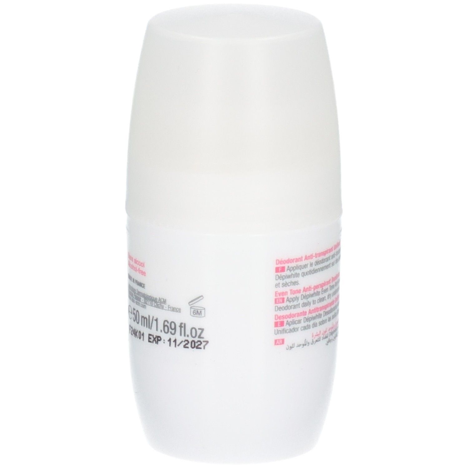 Déodorant ACM Dépiwhite : Vue latérale du roll-on blanc avec date d'expiration (EXP: 11/2027).