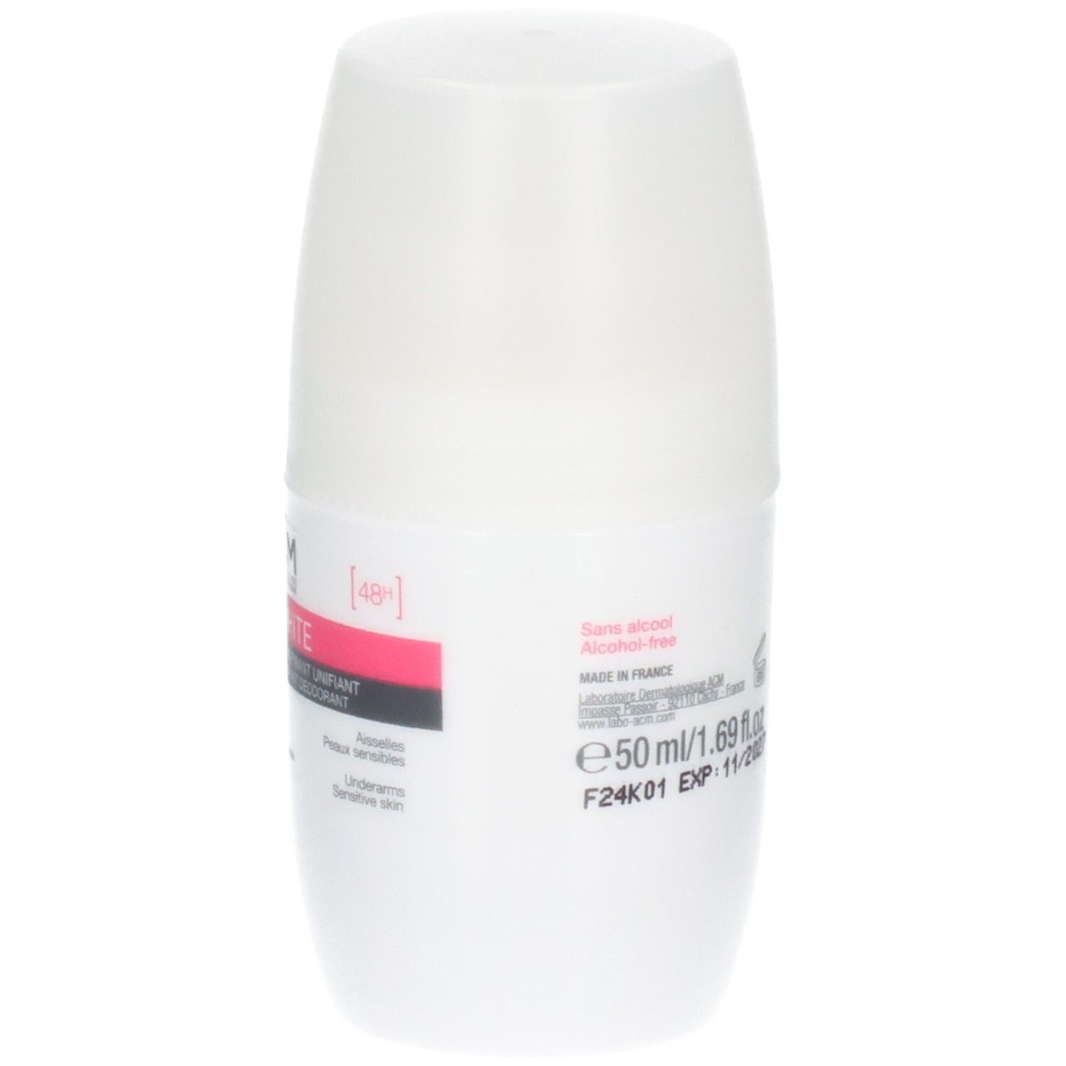 Déodorant ACM Dépiwhite : Vue latérale du roll-on blanc, "Sans alcool" et "Made in France" visibles.