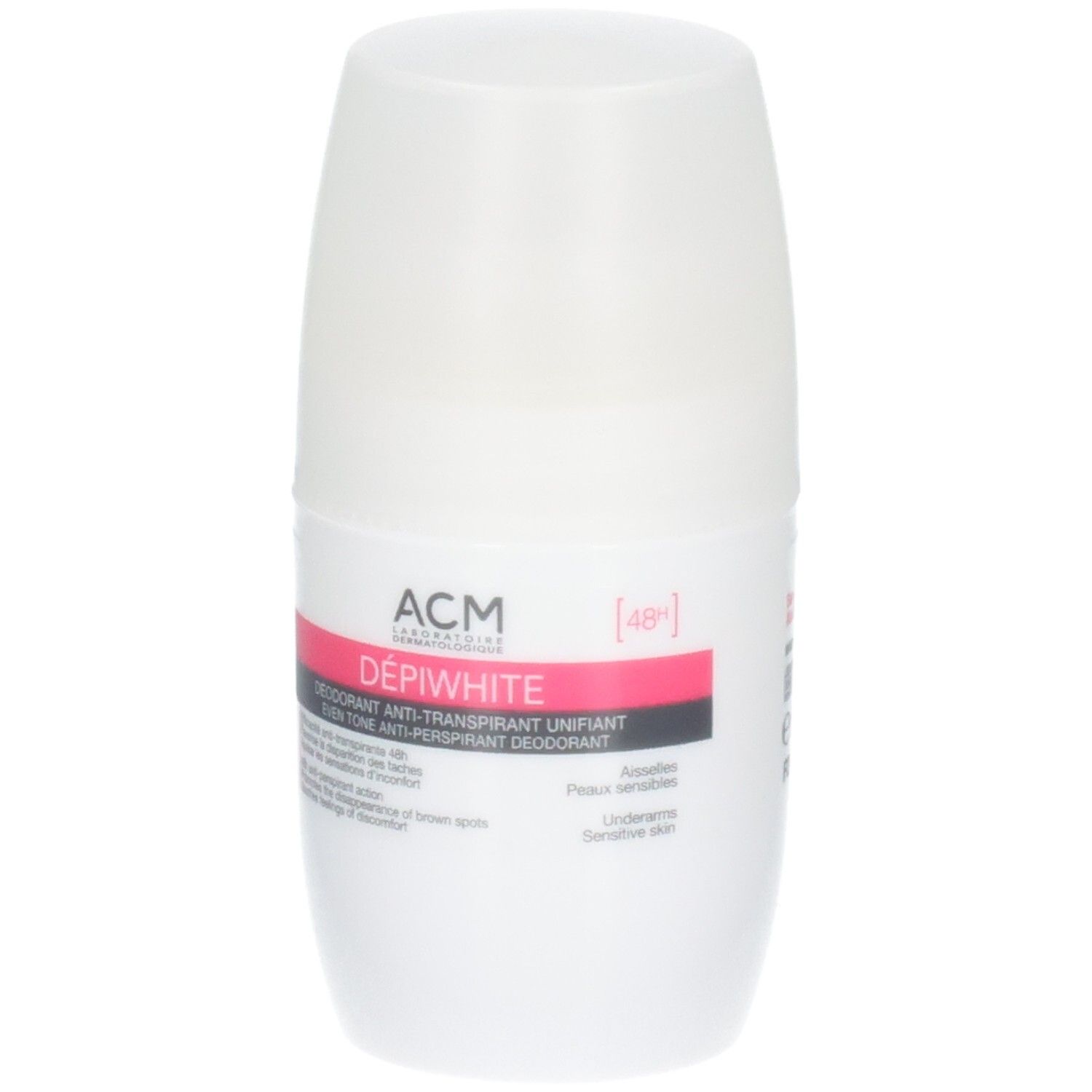 Déodorant ACM Dépiwhite : Roll-on blanc avec accents roses et gris. Anti-transpirant 48h, peaux sensibles.
