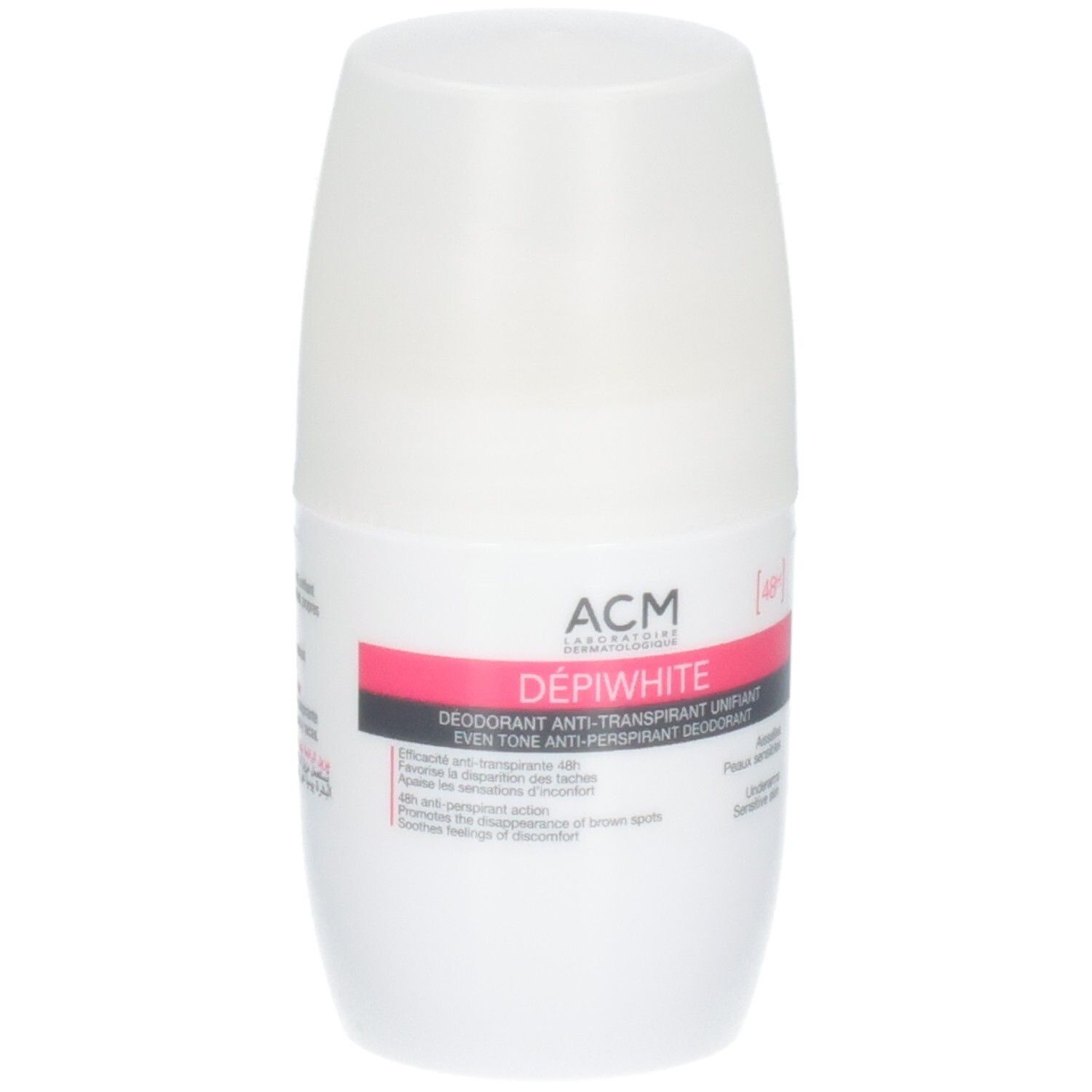 Déodorant ACM Dépiwhite : Roll-on blanc avec accents roses et gris. Anti-transpirant 48h, unifiant.