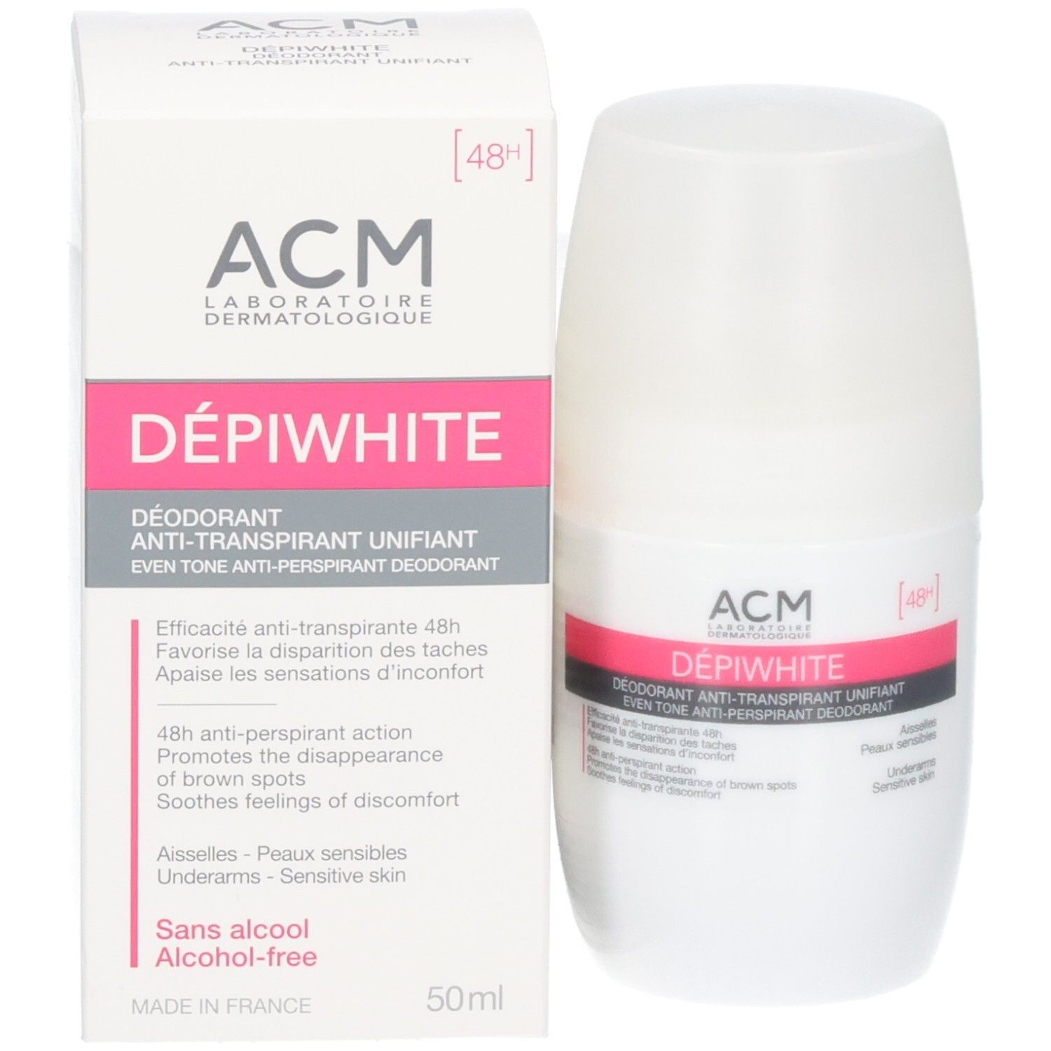 Déodorant ACM Dépiwhite : Roll-on blanc et son emballage. Anti-transpirant 48h, unifiant.