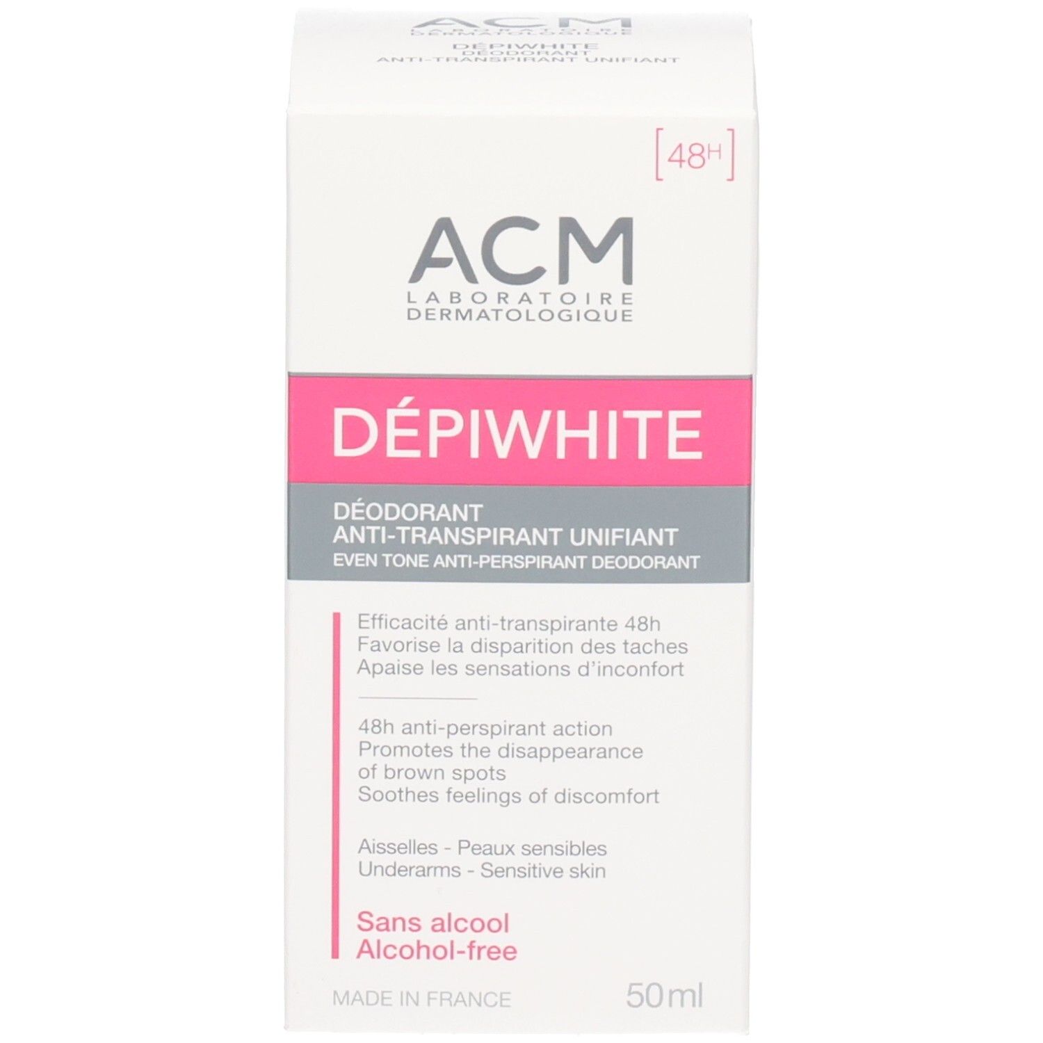 Déodorant ACM Dépiwhite : Emballage blanc. Anti-transpirant 48h, unifiant, "Sans alcool".