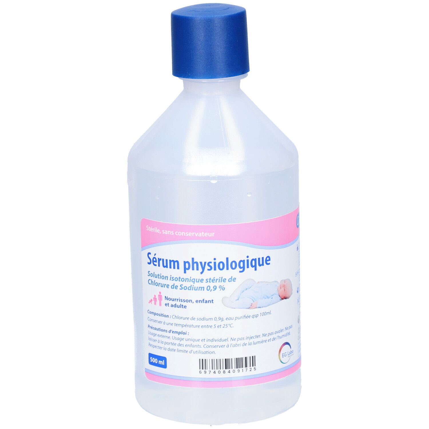 Flacon de sérum physiologique avec bouchon bleu. Étiquette rose avec texte et illustration de bébé. Contenance 500 ml.