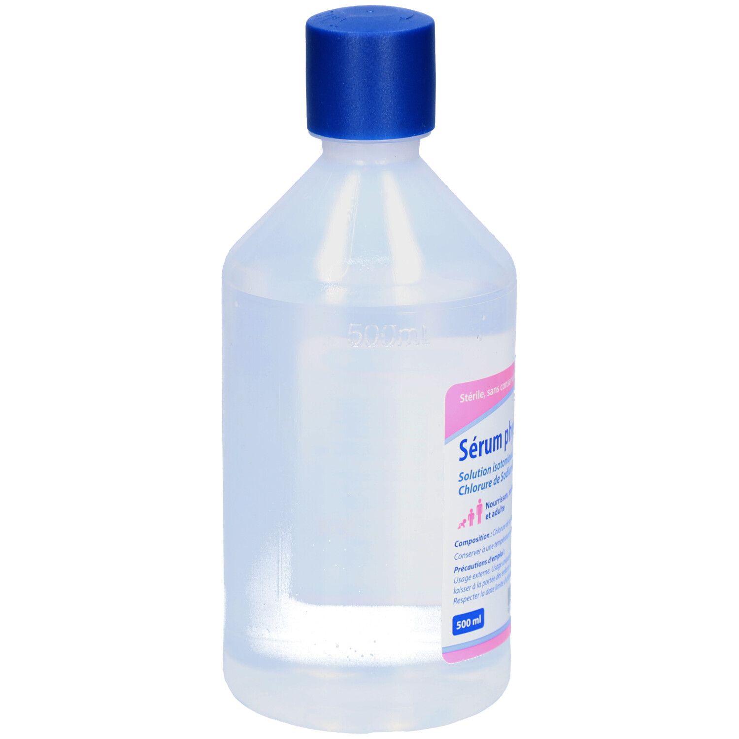 Flacon transparent avec bouchon bleu. Inscription 500 ml. Liquide visible. Étiquette partiellement visible.