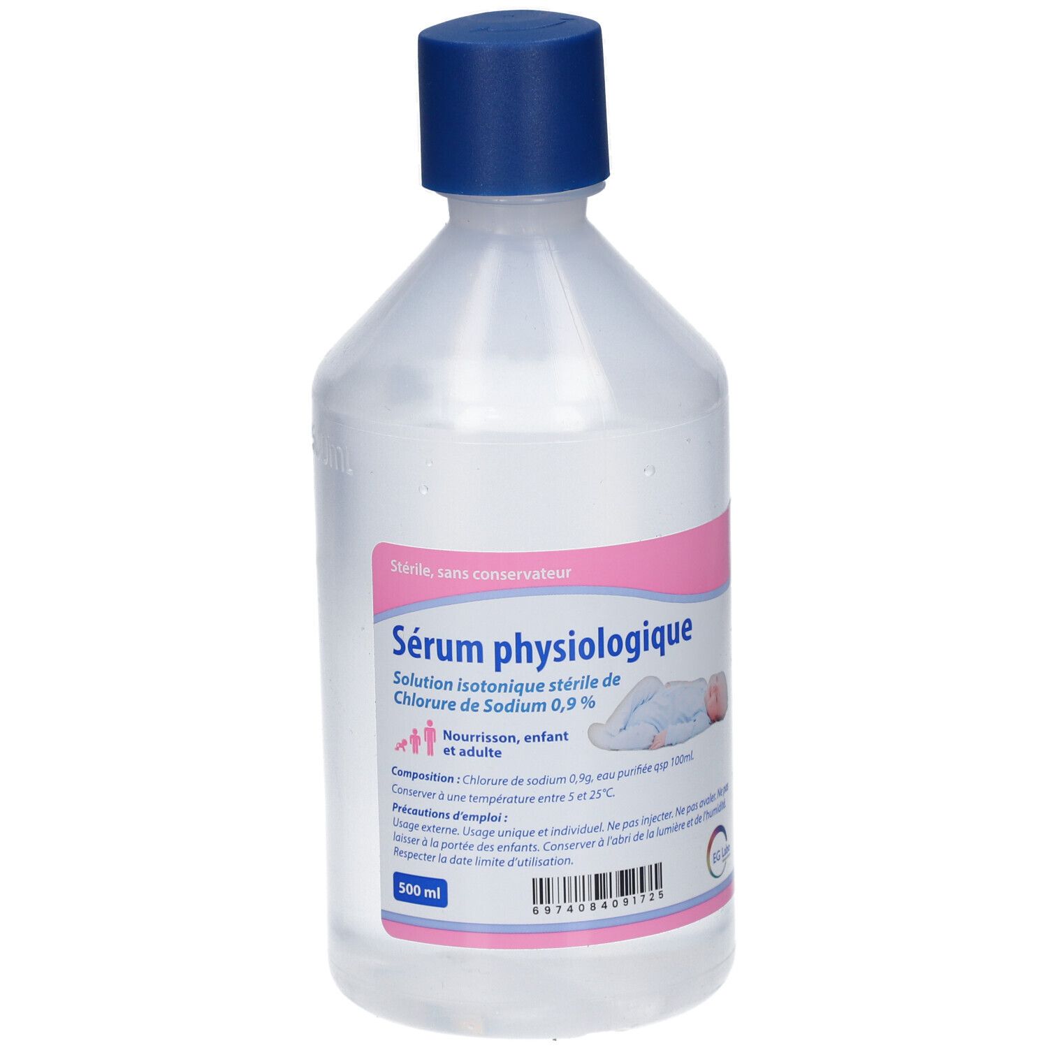 Flacon de sérum physiologique avec bouchon bleu. Étiquette rose avec texte et illustration de bébé. Contenance 500 ml.