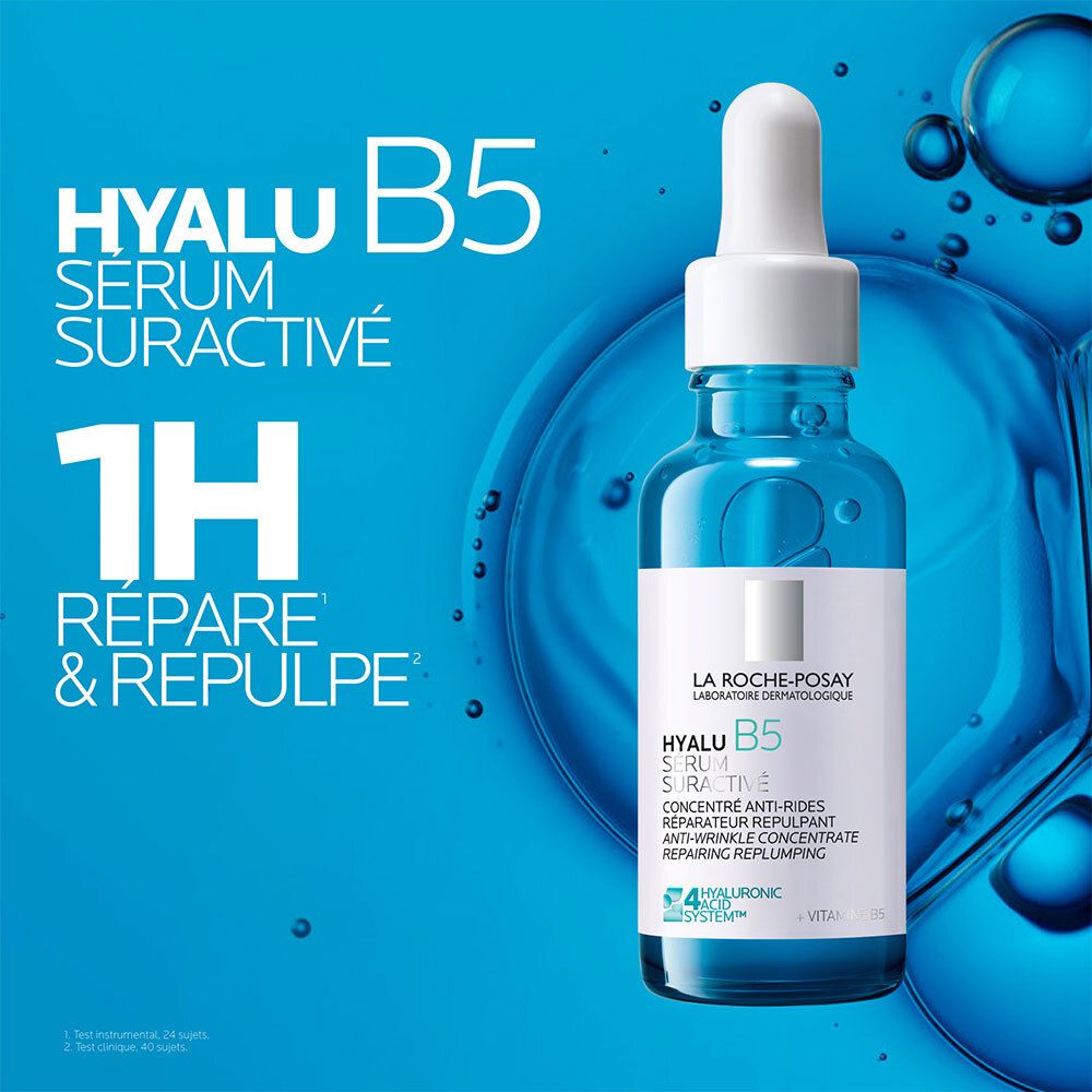 Flacon de sérum bleu. Texte: Hyalu B5 Sérum Suractivé. 1H Répare & repulpe.