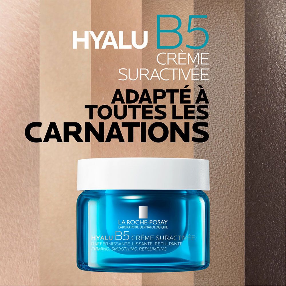 Pot bleu avec couvercle blanc. Inscription: Hyalu B5 Crème Suractivée. Texte: Adapté à toutes les carnations.