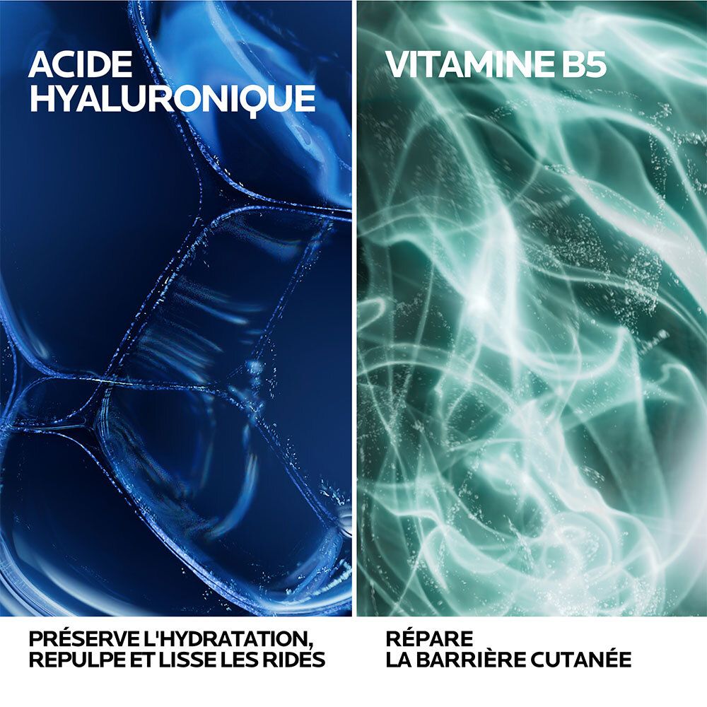 Graphique: Acide hyaluronique et vitamine B5. Texte: Préserve l'hydratation, repulpe et lisse les rides.