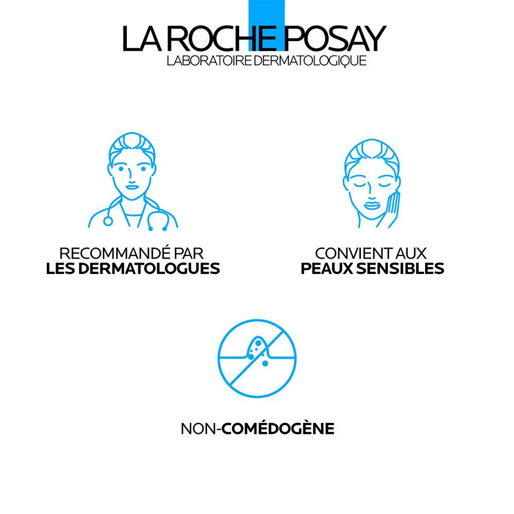 Logo bleu. Texte: La Roche-Posay. Recommandé par les dermatologues. Convient aux peaux sensibles. Non comédogène.