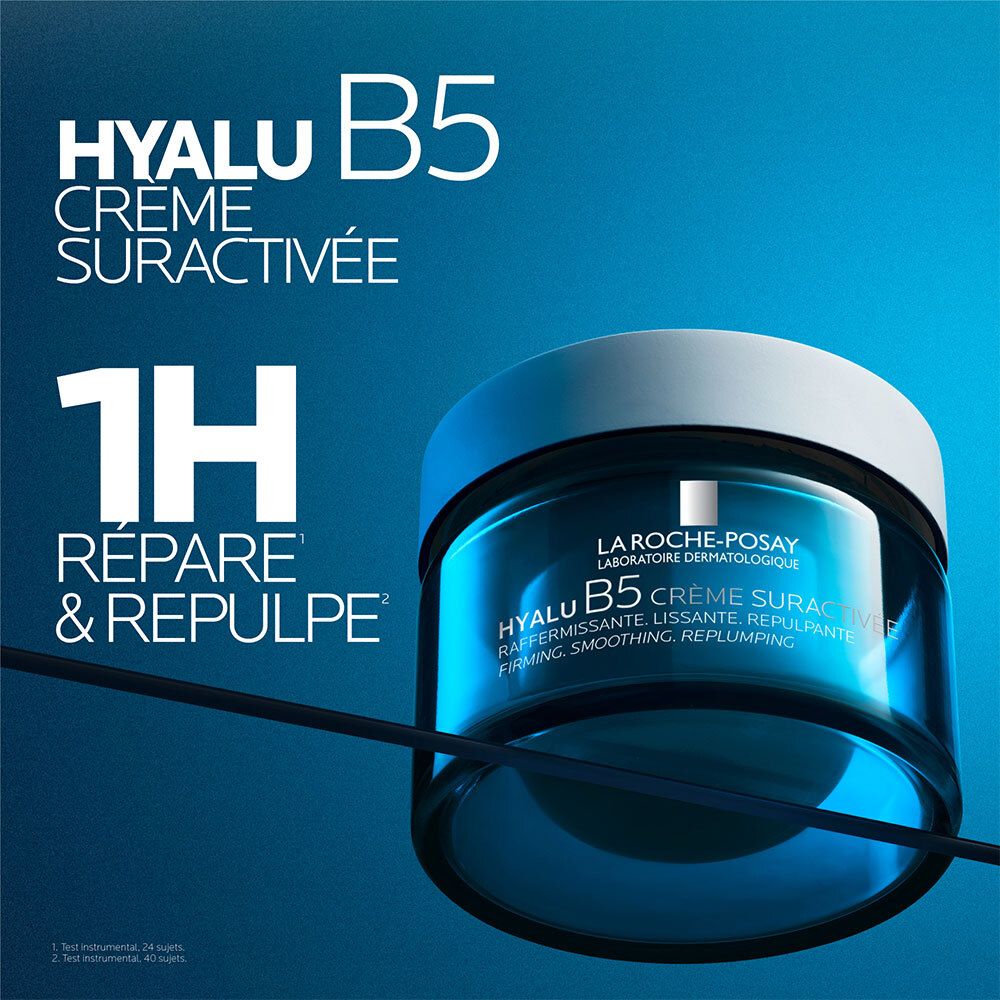 Pot bleu. Texte: HYALU B5 CRÈME SURACTIVÉE. 1H répare & repulpe. Marque La Roche-Posay.