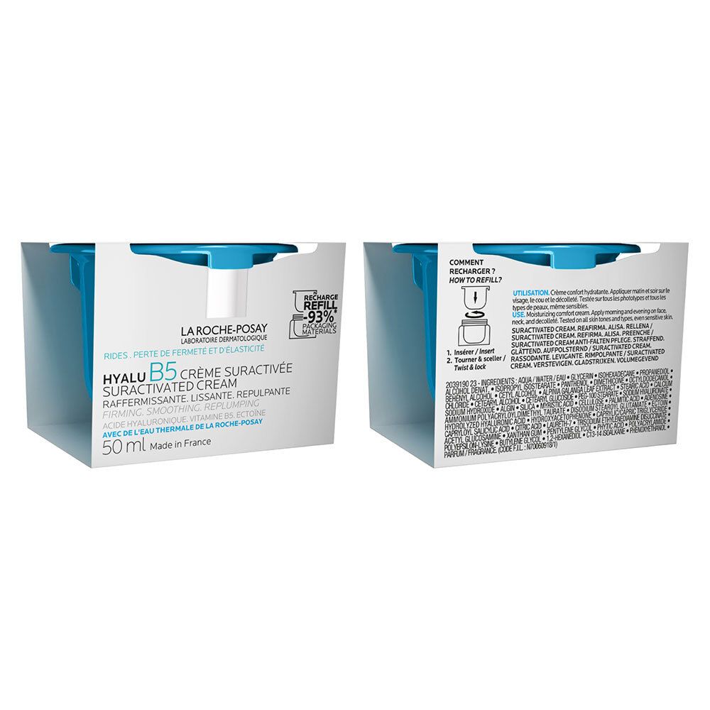 Emballage crème. Texte: HYALU B5 CRÈME SURACTIVÉE. 50 ml. Marque La Roche-Posay. Instructions au dos.