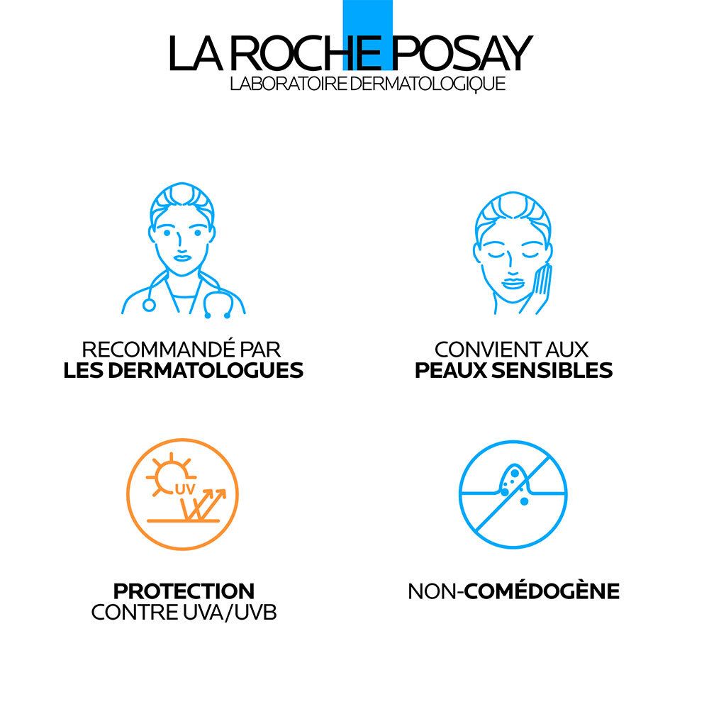 Symboles: Recommandé par les dermatologues, convient aux peaux sensibles, protection UVA/UVB, non-comédogène.
