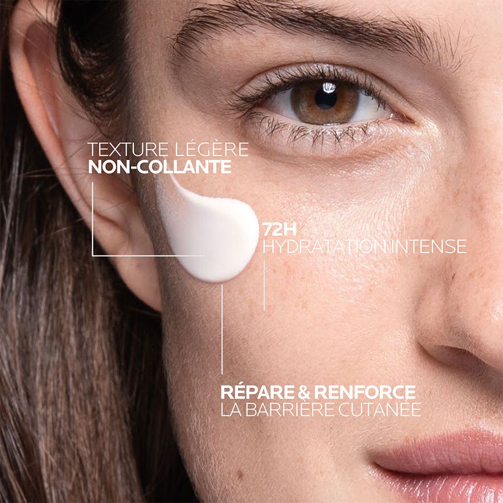 Visage avec crème. Texte: Texture légère non collante. 72H hydratation intense. Répare & renforce la barrière cutanée.