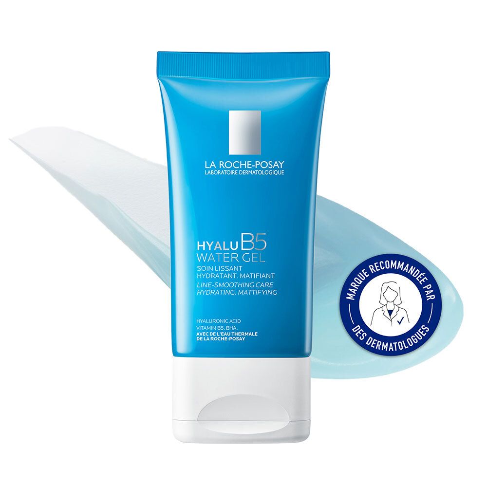 Tube bleu et blanc. Inscription: LA ROCHE-POSAY, HYALU B5 WATER GEL. Logo: Recommandé par les dermatologues.