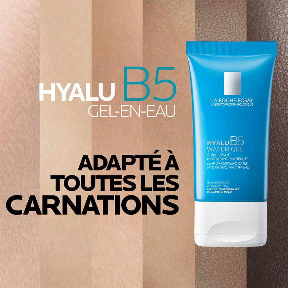 Nom du produit: HYALU B5 GEL-EN-EAU. Texte: Adapté à toutes les carnations. Fond: teintes de peau.
