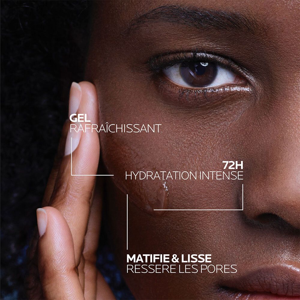 Visage de femme. Texte: Gel rafraîchissant, 72H hydratation intense, matifie & lisse, resserre les pores.