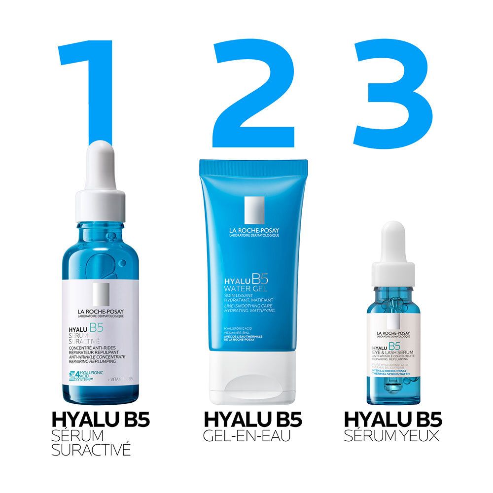 Trois produits: HYALU B5 Sérum Suractif, HYALU B5 Gel-en-Eau, HYALU B5 Sérum Yeux. Flacons bleus.