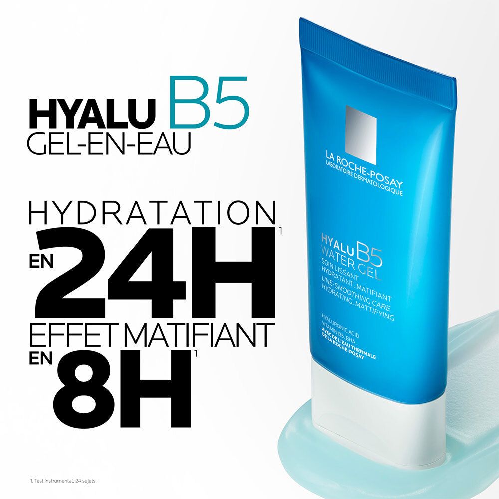 Tube bleu. Texte: HYALU B5 GEL-EN-EAU, Hydratation 24H, Effet matifiant en 8H.