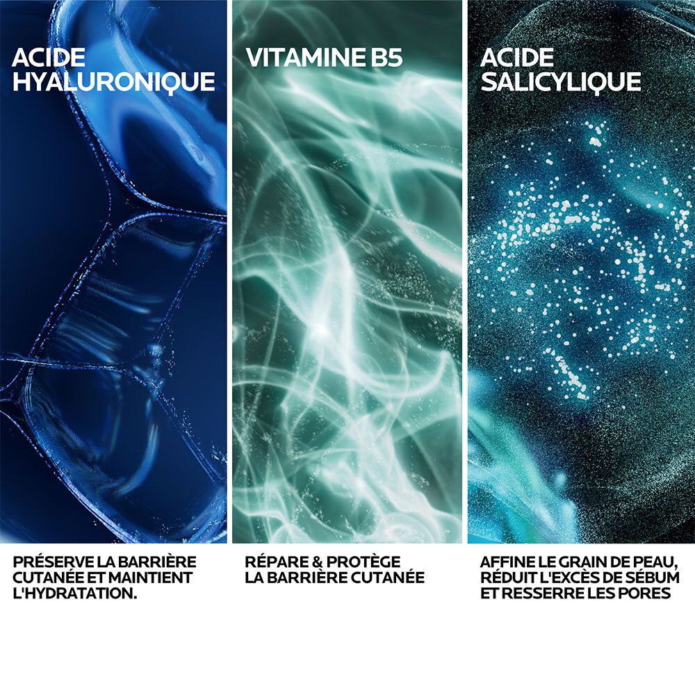 Trois zones: Acide hyaluronique, Vitamine B5, Acide salicylique. Textes décrivent les ingrédients.