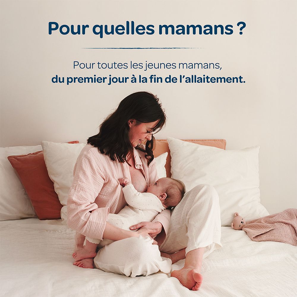 Maman qui allaite son bébé. Texte : Pour quelles mamans ? Pour toutes les jeunes mamans, du premier jour à la fin de l'allaitement.