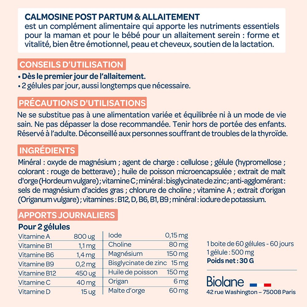 Texte sur Calmosine Post-Partum & Allaitement. Ingrédients, conseils d'utilisation, précautions, informations nutritionnelles.