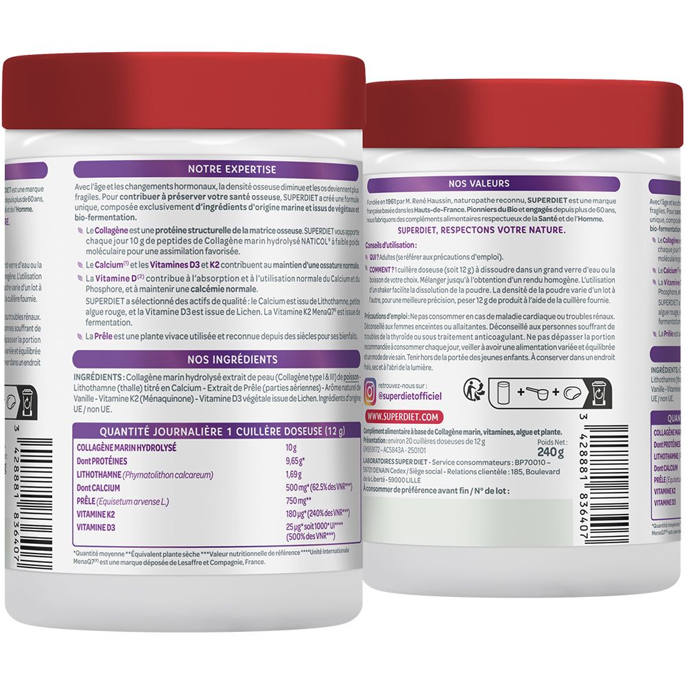 Dos du produit. Texte sur les ingrédients, la dose quotidienne, les informations nutritionnelles et les informations du fabricant. Deux pots en arrière-plan.