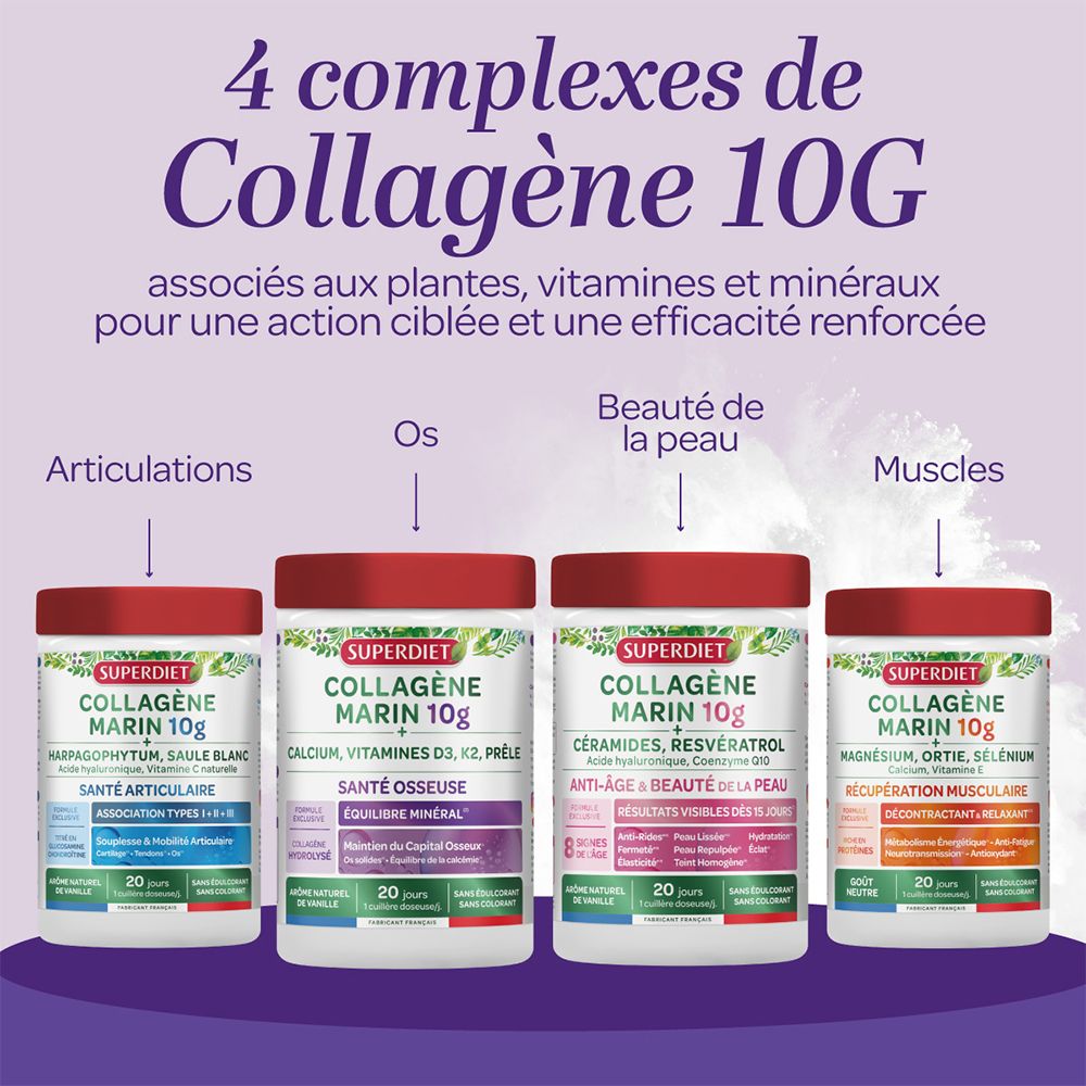 Quatre pots avec couvercle rouge. Chaque pot a une inscription différente: Articulations, Os, Beauté de la peau, Muscles. Marque: Superdiet Collagène Marin 10G.