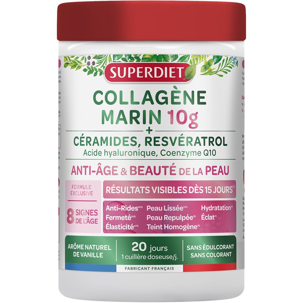 Pot de Superdiet Collagène Marin 10g. Couvercle rouge, pot blanc avec informations produit. Anti-âge & beauté de la peau.