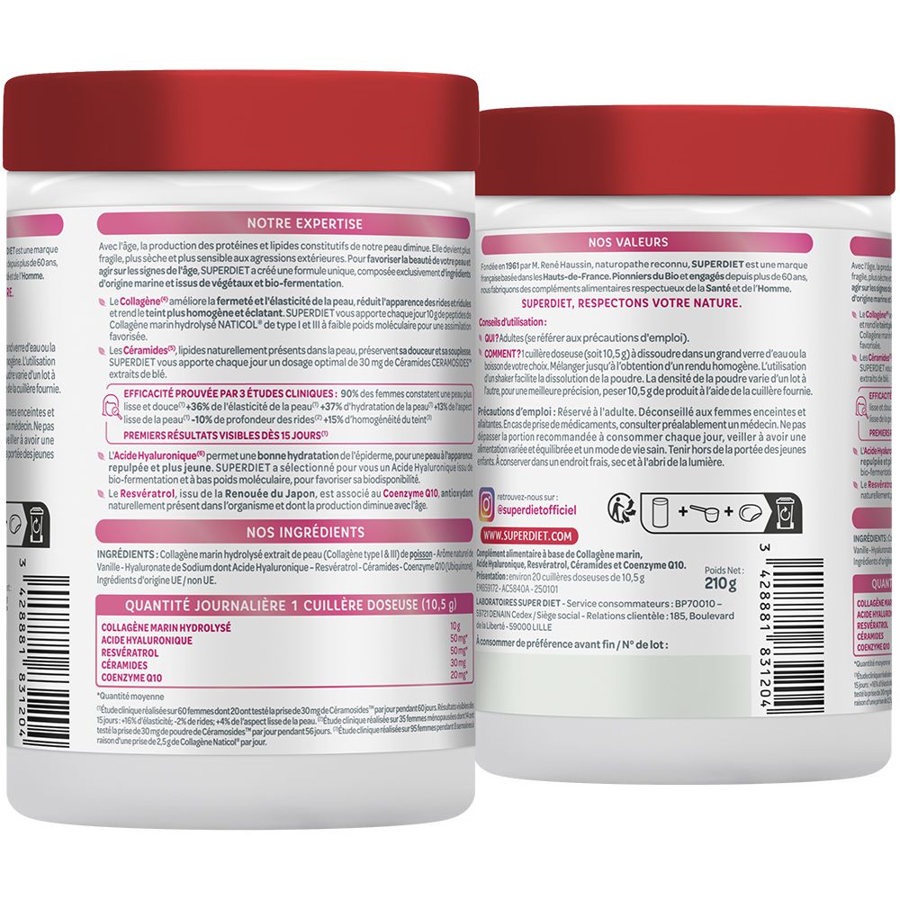 Deux pots de produit avec informations au dos. Texte sur ingrédients, dose quotidienne et informations nutritionnelles.