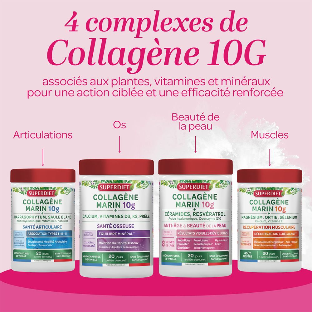 Quatre pots de produit. Superdiet Collagène Marin 10G. Pour articulations, os, beauté de la peau et muscles.