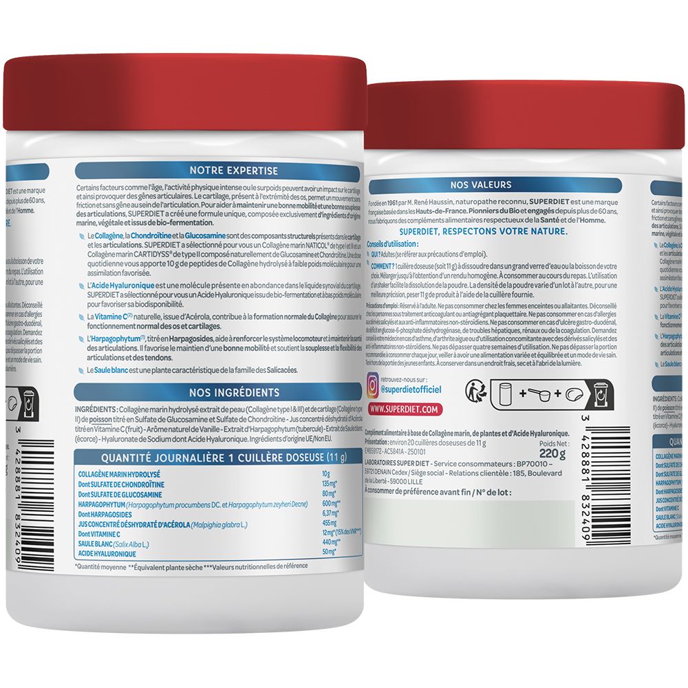 Dos du pot blanc. Texte sur les ingrédients et les informations nutritionnelles. Contient collagène, glucosamine et chondroïtine.