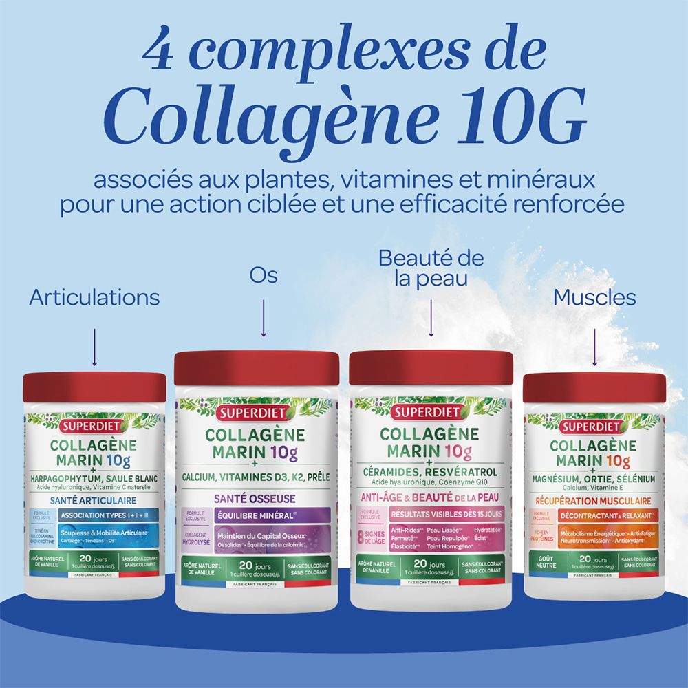 Quatre pots avec couvercle rouge. Inscription: Collagène Marin 10g. Pour articulations, os, peau et muscles.