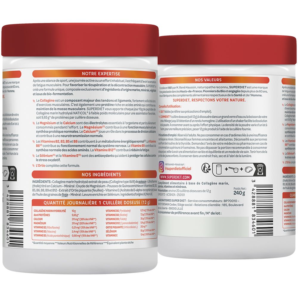 Deux pots de produit avec couvercles rouges. Dos avec informations sur les ingrédients et les valeurs nutritionnelles. Marque SUPERDIET, 240g.