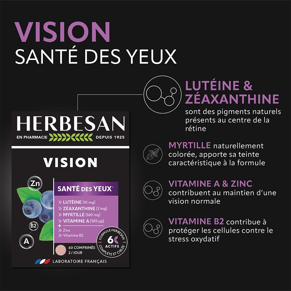 Informations sur le produit Herbesan Vision. Texte sur lutéine, zéaxanthine, myrtille, vitamine A et zinc.