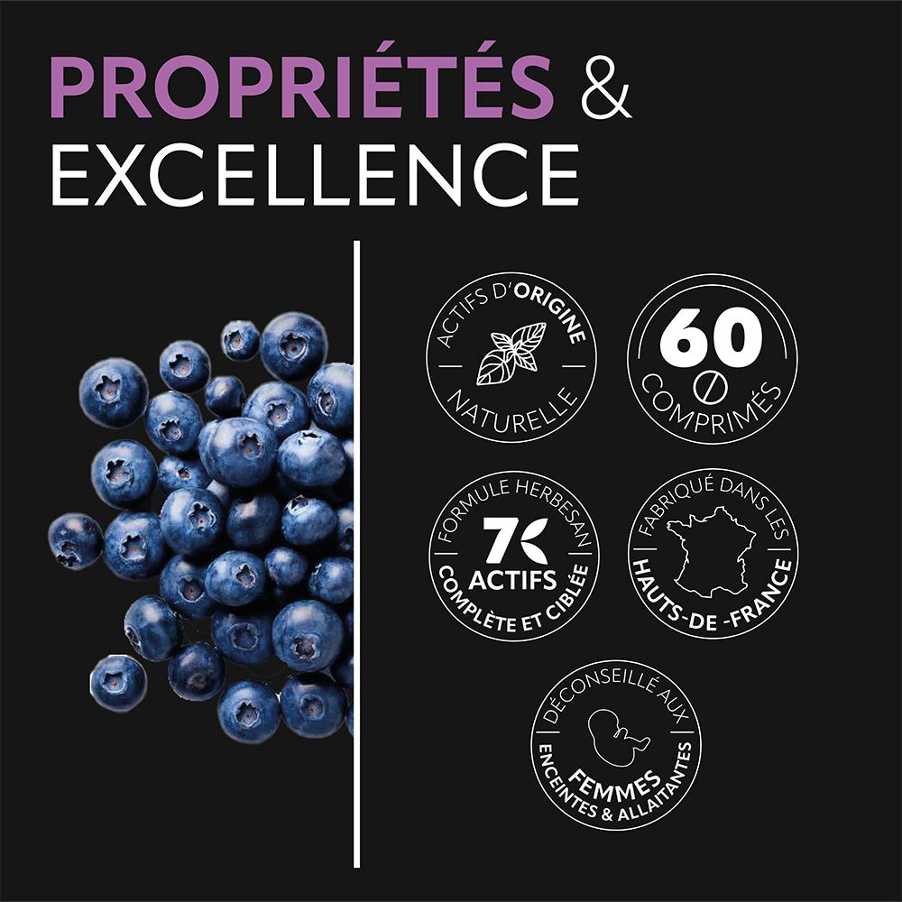 Herbesan Vision : propriétés et excellence. Myrtilles et logos pour 60 comprimés, origine naturelle.