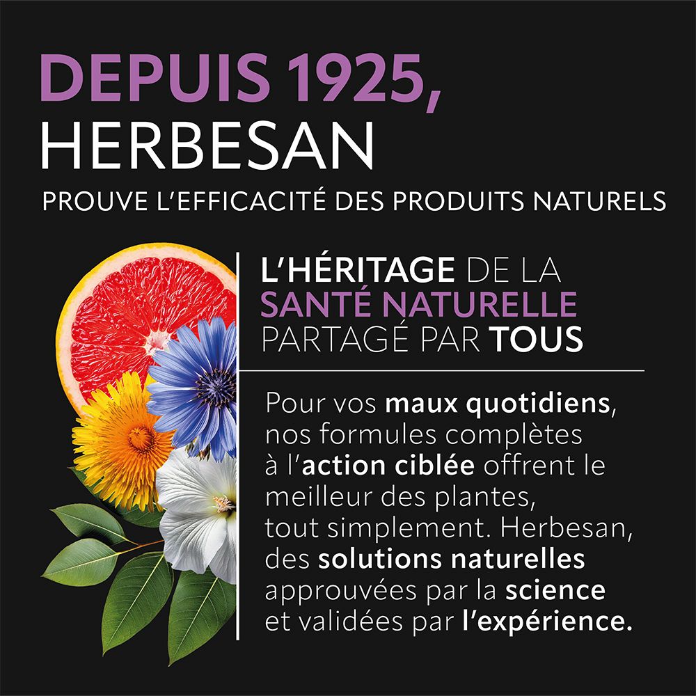 Publicité Herbesan. Texte sur l'efficacité des produits naturels. Illustration de fleurs et de fruits.
