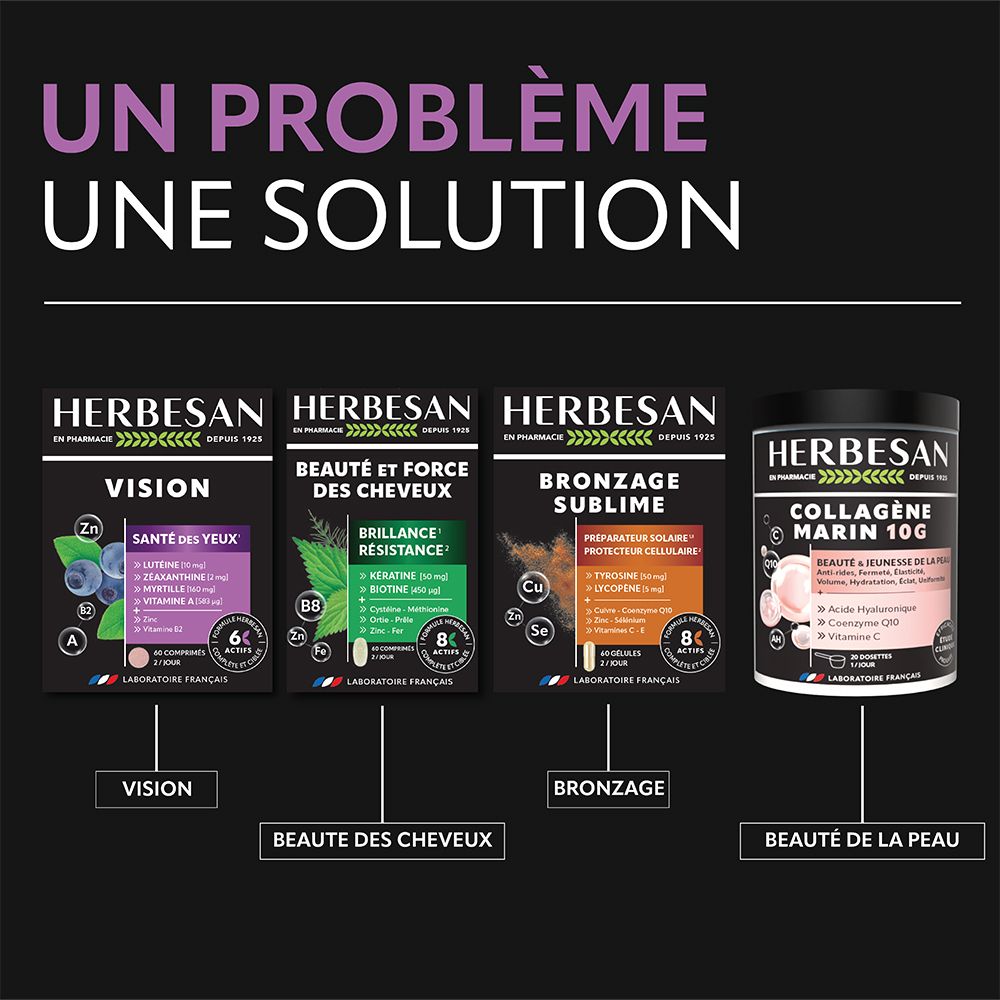 Gamme de produits Herbesan. Quatre emballages de produits, dont Vision, pour différents domaines de la santé.