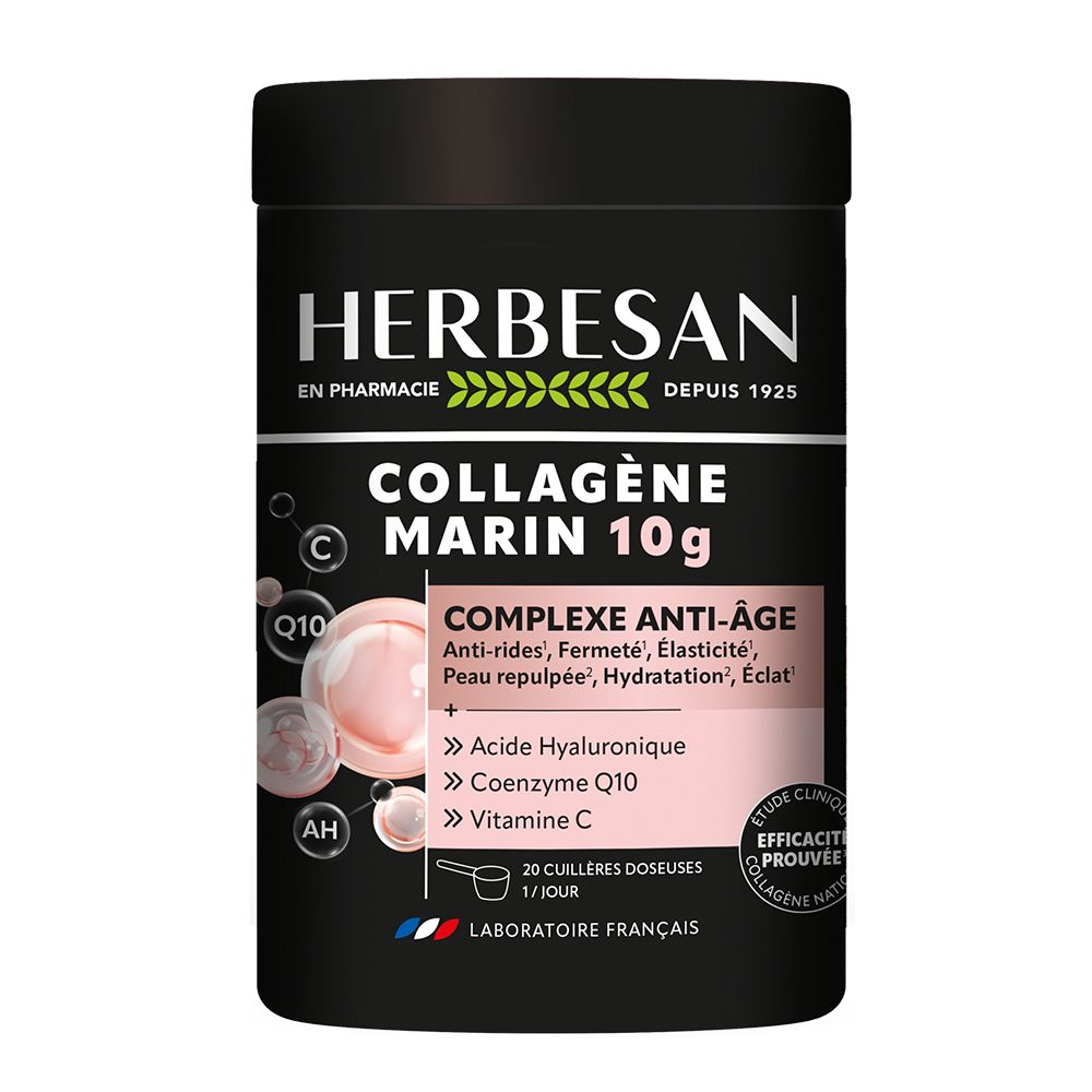 Boîte noire Herbesan. Contient collagène marin, complexe anti-âge, vitamine C. Ingrédients et informations produit.