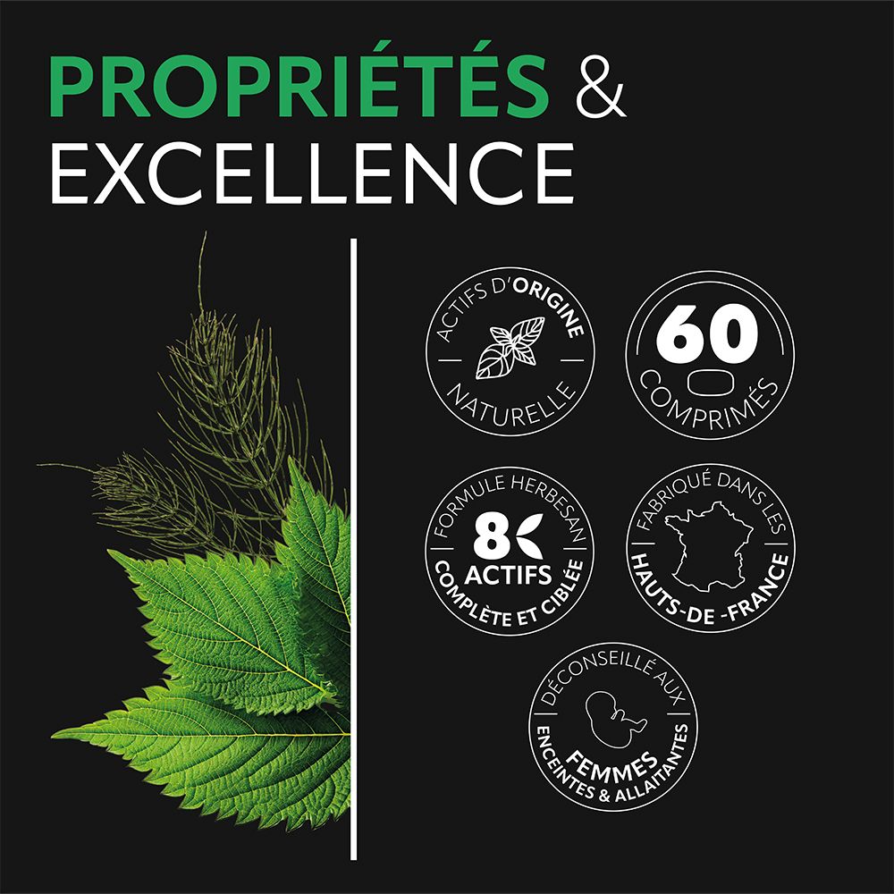 Infographie avec caractéristiques du produit. Texte: Propriétés & Excellence. 60 comprimés. 8 actifs.