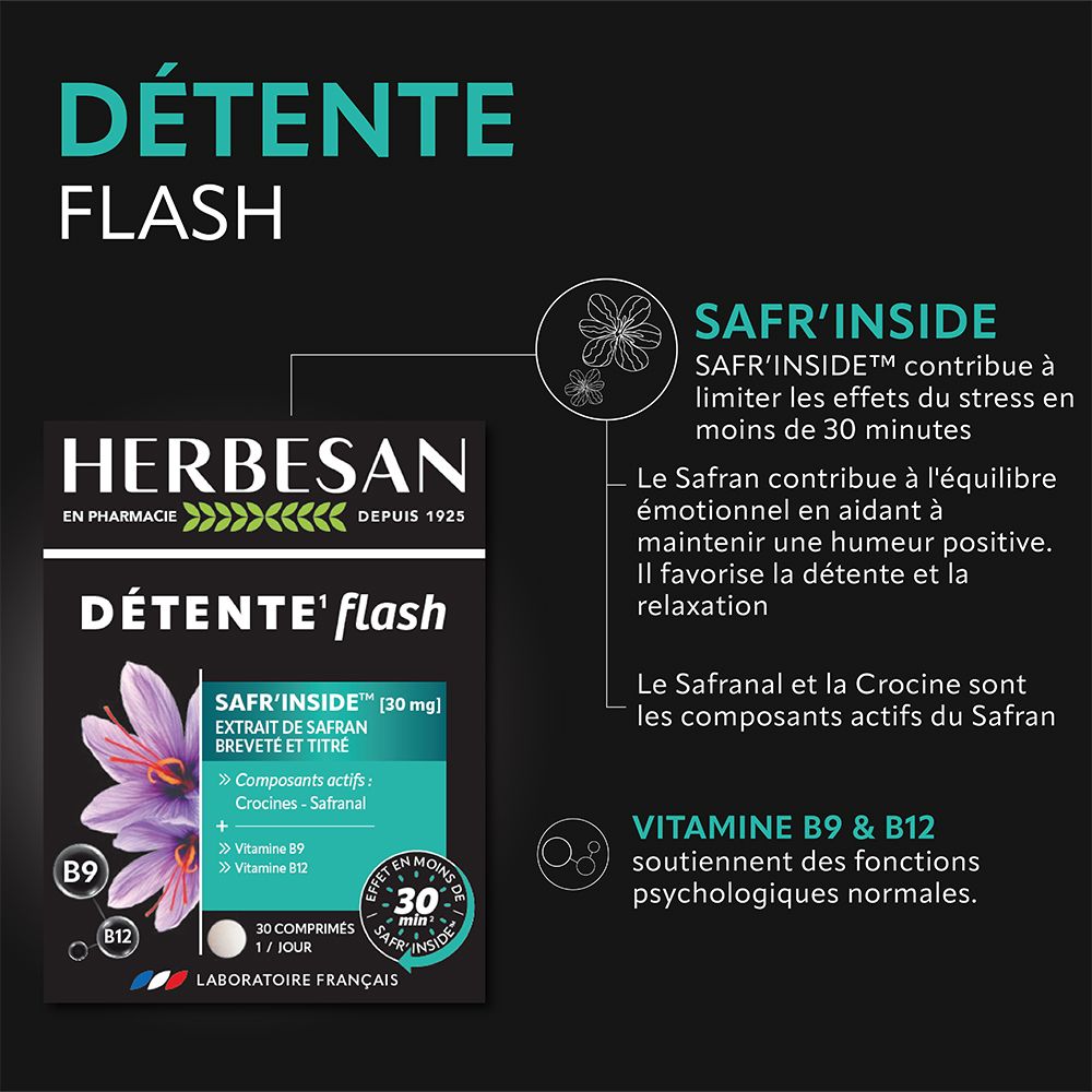 Informations produit Détente Flash. Texte sur le safran, B9, B12. 30 comprimés. Fond noir.