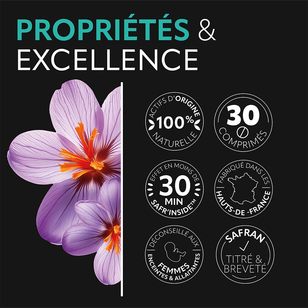 Emballage Détente Flash avec logos. 100% naturel, 30 comprimés, fabriqué en France, certification safran.