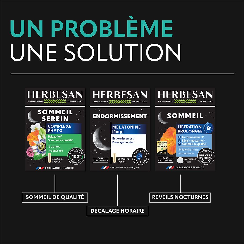 Trois produits Herbesan. Complexe sommeil, endormissement, sommeil. Fond noir.