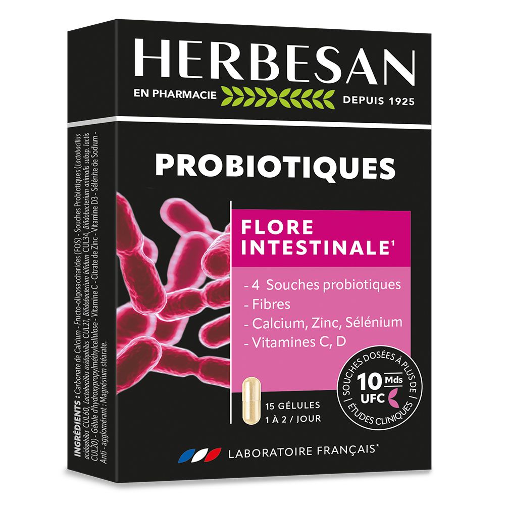 Boîte noire Herbesan Probiotiques. Contient 15 gélules. Texte: Flore Intestinale, 4 souches, fibres, vitamines.