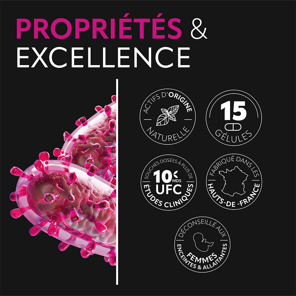 Infographie : propriétés & excellence. Ingrédients naturels, 15 gélules, fabriqué en France, déconseillé aux femmes enceintes.