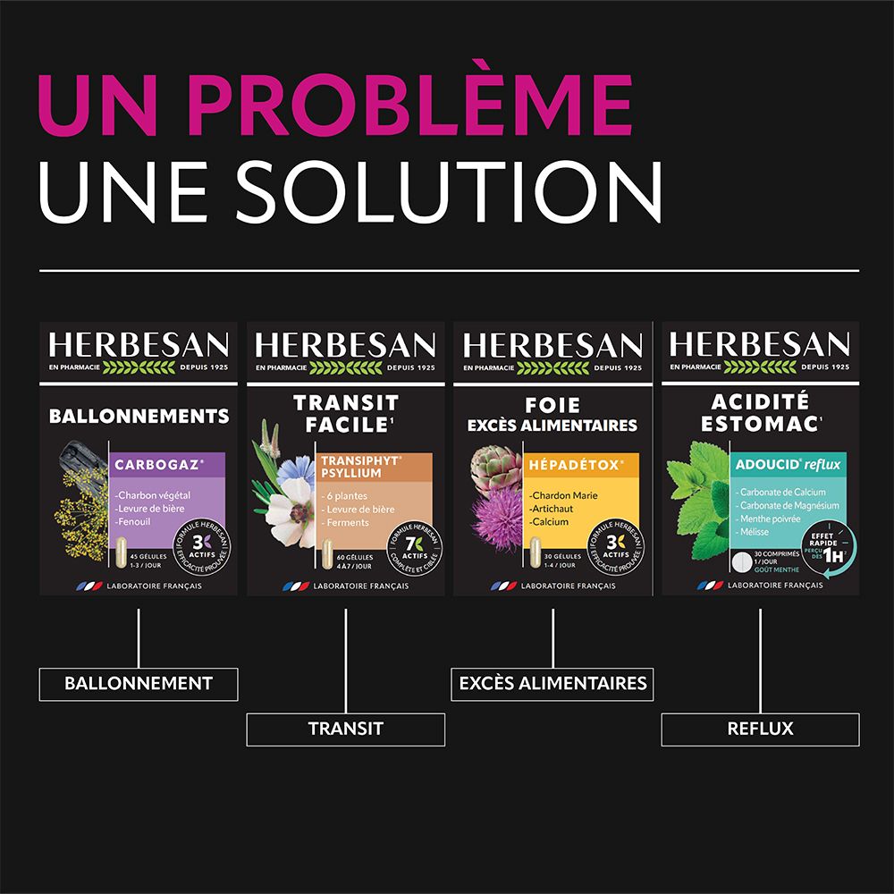 Infographie : Un problème, une solution. Différents produits Herbesan pour ballonnements, transit, foie, acidité.