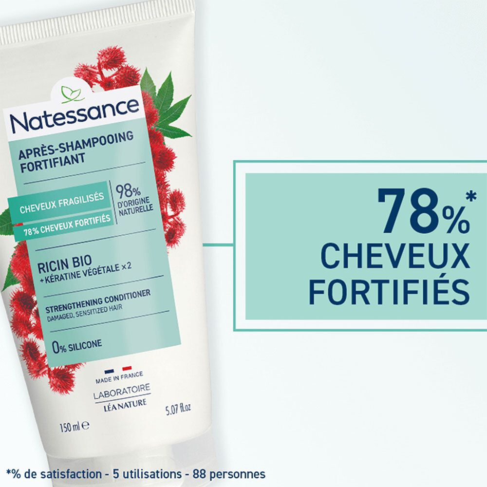 Détail du tube avec texte: Natessance, Après-shampooing fortifiant. Texte: 78% Cheveux fortifiés.