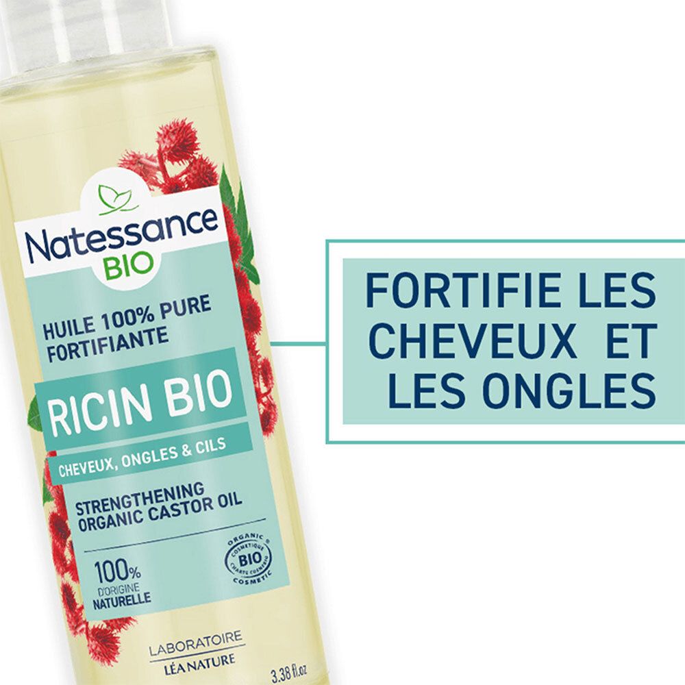 SO BIO ETIC Natessance Ricin bio. Texte: Fortifie les cheveux et les ongles. Inscription: Ricin Bio, Cheveux, ongles & cils.