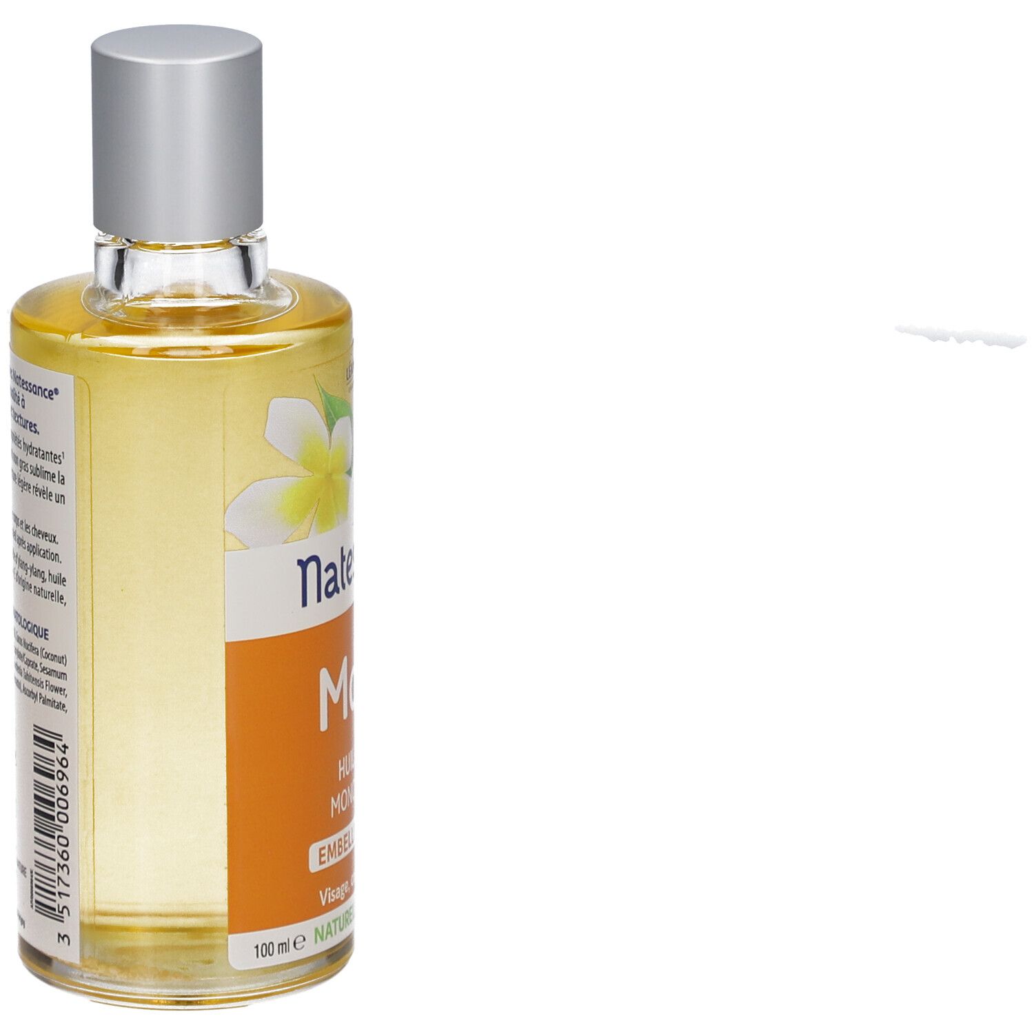 Flacon d'huile sèche Monoï Natessance. Étiquette orange avec fleurs blanches. Bouchon argenté.